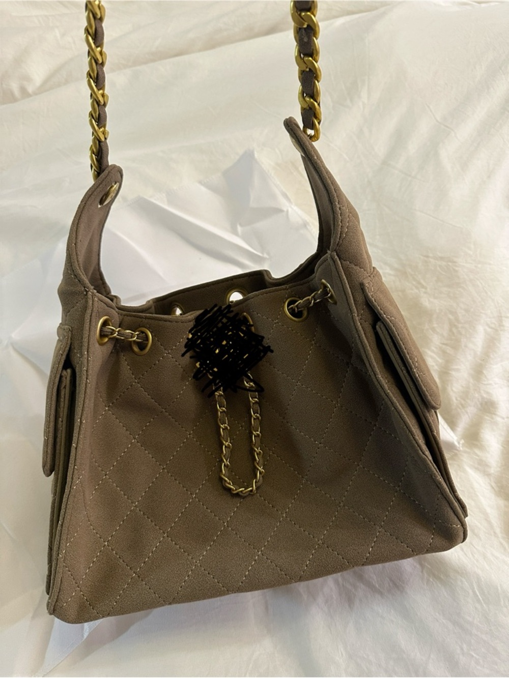 Quilted brown Taupe Shoulder Bag with Chain Strap